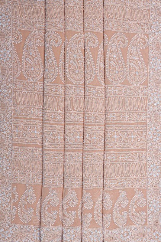 Ada Hand Embroidered Peach Pure Georgette Lucknow Chikan Saree With Blouse- A594620
