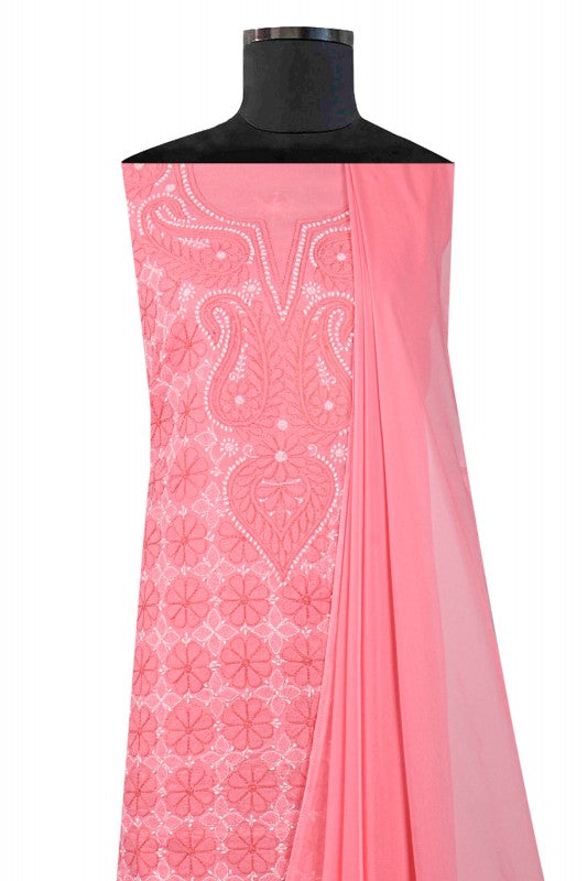 Ada Hand Embroidered Pink Cotton Lucknowi Chikankari Unstitched Suit Piece 01A1943