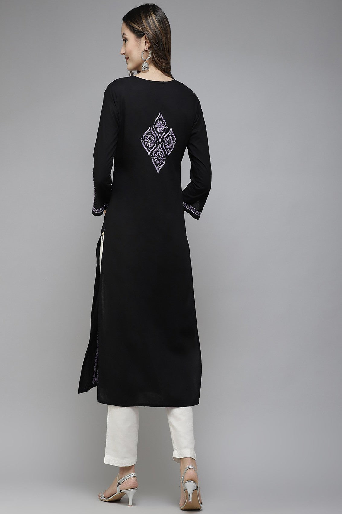 Ada Hand Embroidered Black Cotton Lucknowi Chikankari Straight Kurta A411394