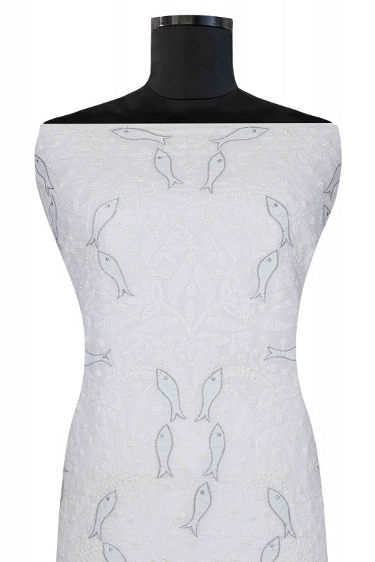 Ada Hand Embroidered White Cotton Lucknowi Chikan Unstitched Kurta Piece- A31763