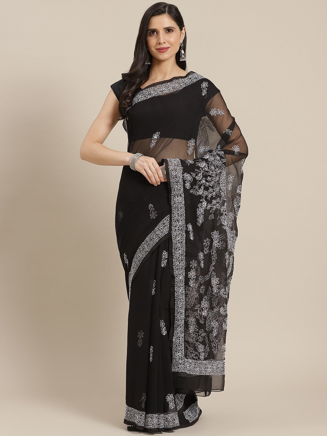 Ada Hand Embroidered Black Georgette Lucknow Chikan Saree With Blouse A129570