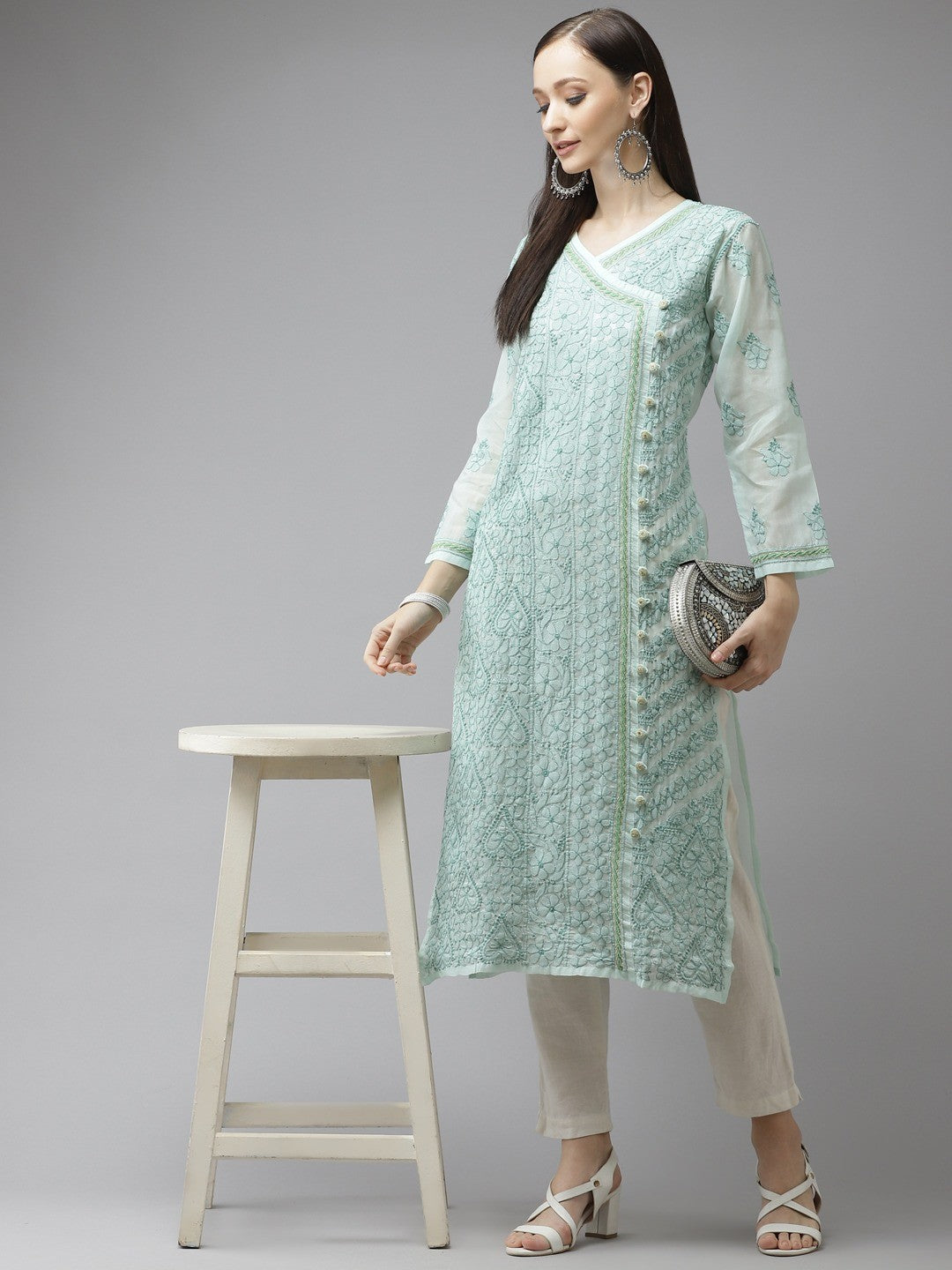 Ada Hand Embroidered Sea Green Cotton Lucknow Chikan Kurta A411319