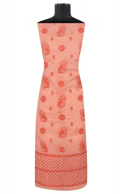Ada Hand Embroidered Peach Cotton Lucknowi Chikankari Unstitched Suit Piece 01A179344