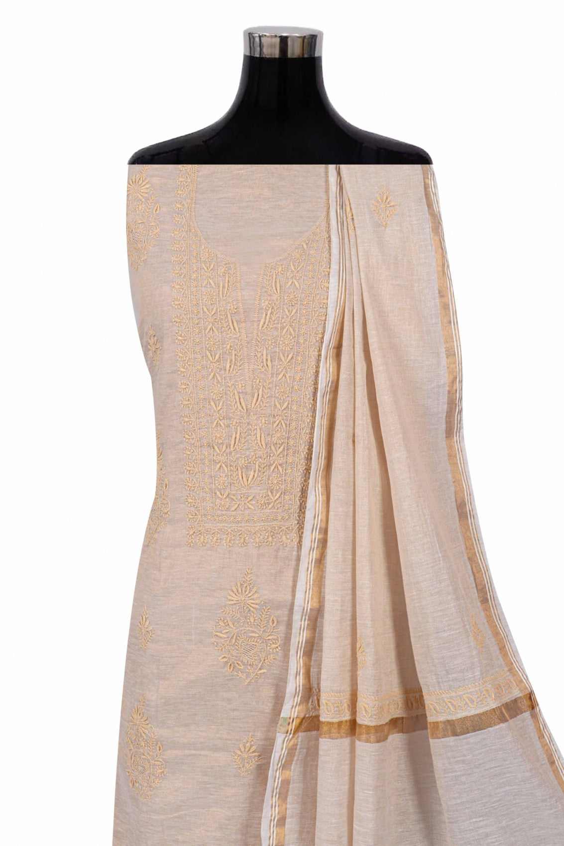 Ada Hand Embroidered Natural Fawn Tissue Lucknowi Chikankari Unstitched Kurta Dupatta Set 01A138184