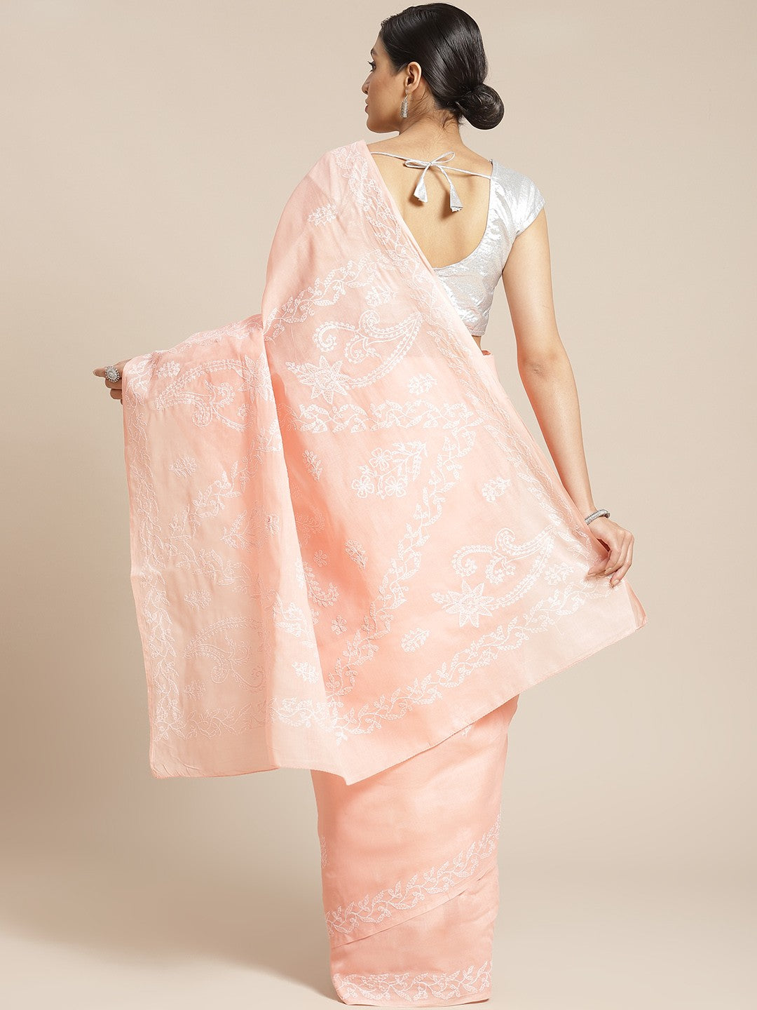 Ada Hand Embroidered Peach Cotton Lucknow Chikan Saree With Blouse- A311185