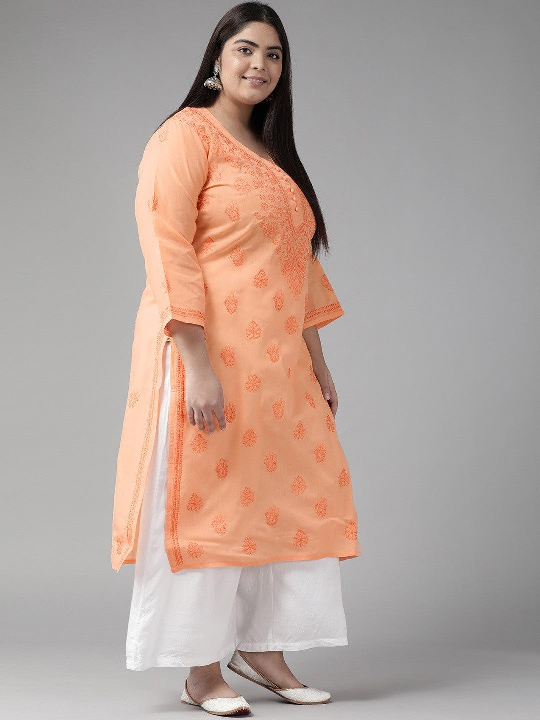 Ada Hand Embroidered Peach Cotton Lucknowi Chikankari Straight Kurta A231406