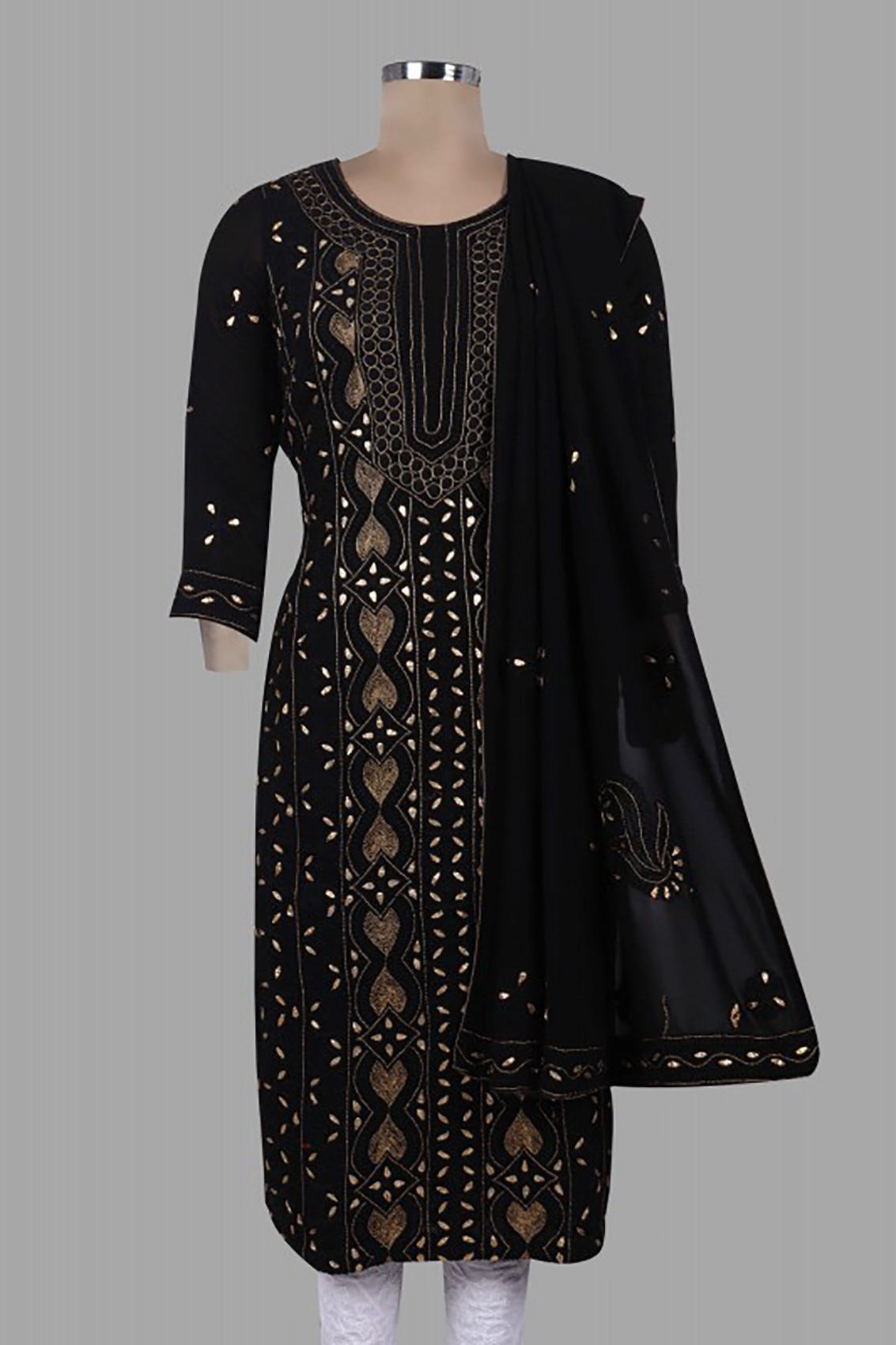 Ada Hand Embroidered Black Georegette Lucknowi Chikankari Unstitched Kurta Dupatta Set with Zari Work A607105
