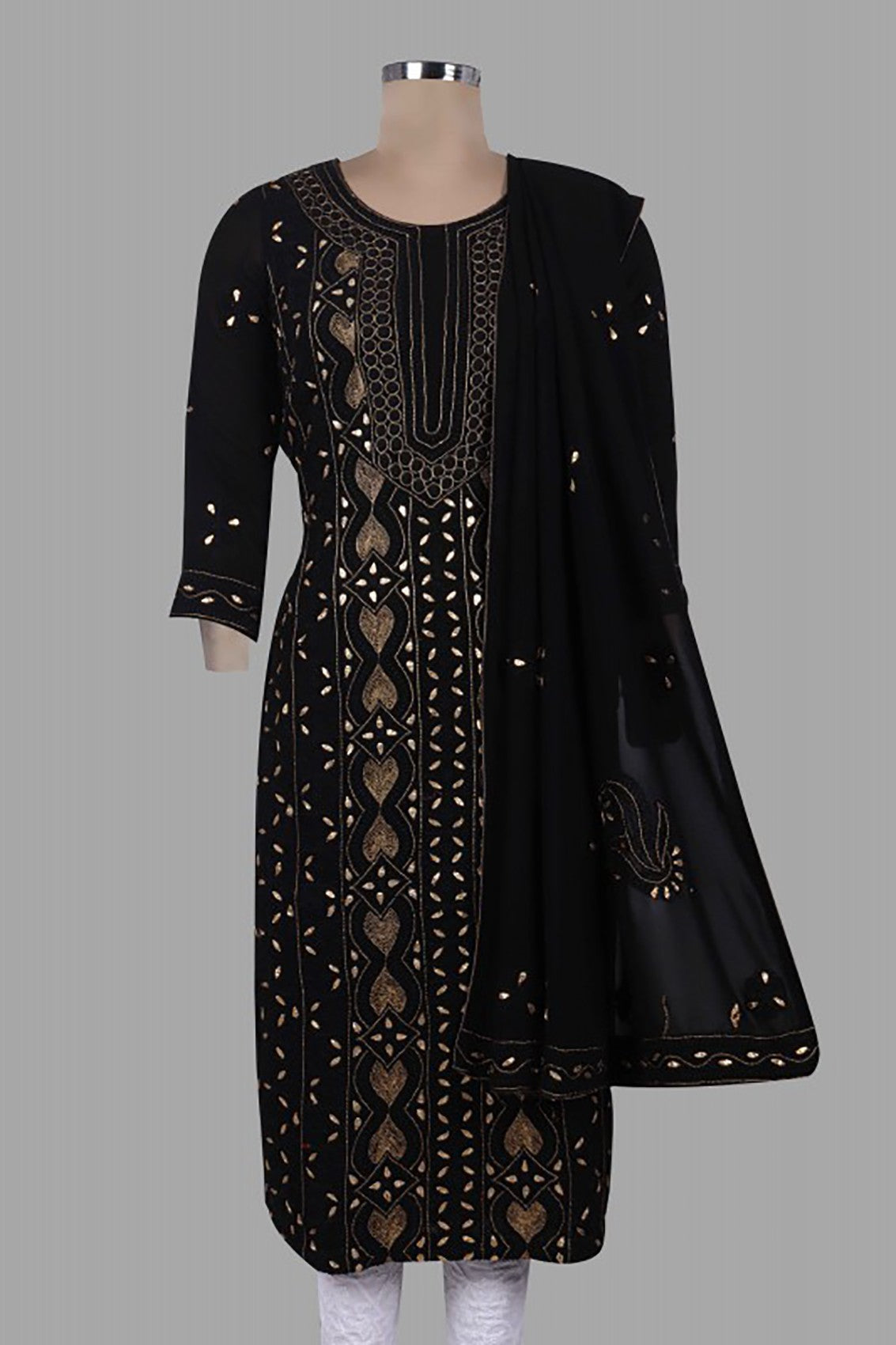 Ada Hand Embroidered Black Georegette Lucknowi Chikankari Unstitched Kurta Dupatta Set with Zari Work A607105
