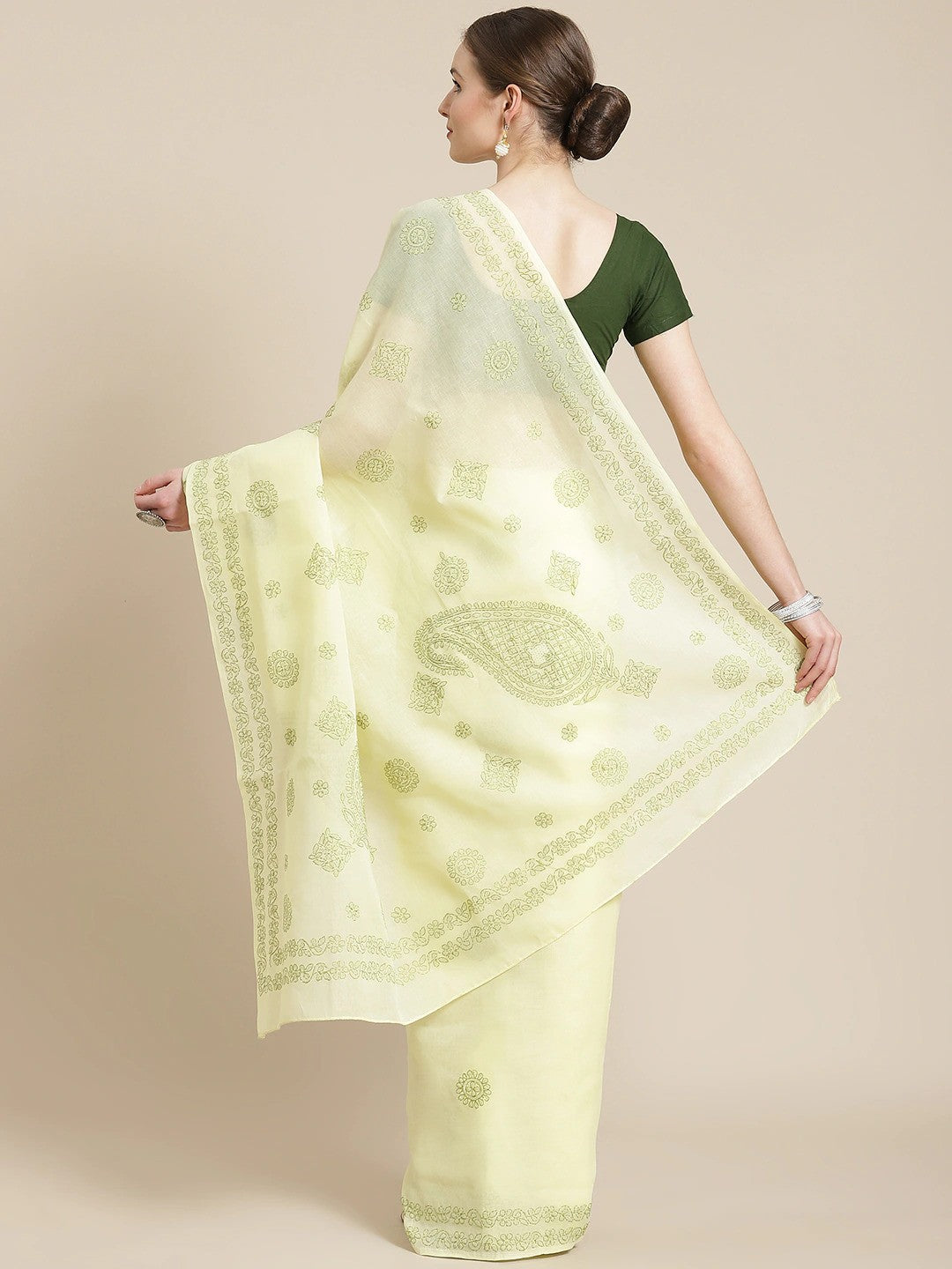 Ada Hand Embroidered Lemon Cotton Lucknow Chikan Saree With Blouse- A311233