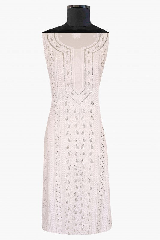 Ada Hand Embroidered White Georgette Lucknowi Chikan Unstitched Kurta Piece With Muqaish Work A580799