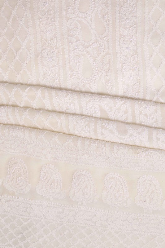 Ada Hand Embroidered Off White Pure Georgette Chikankari Unstitched Kurta - A505481