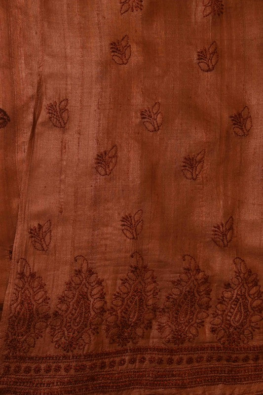 Ada Hand Embroidered Rust Tusser Silk Lucknowi Chikan Unstitched Kurta Piece-A508360