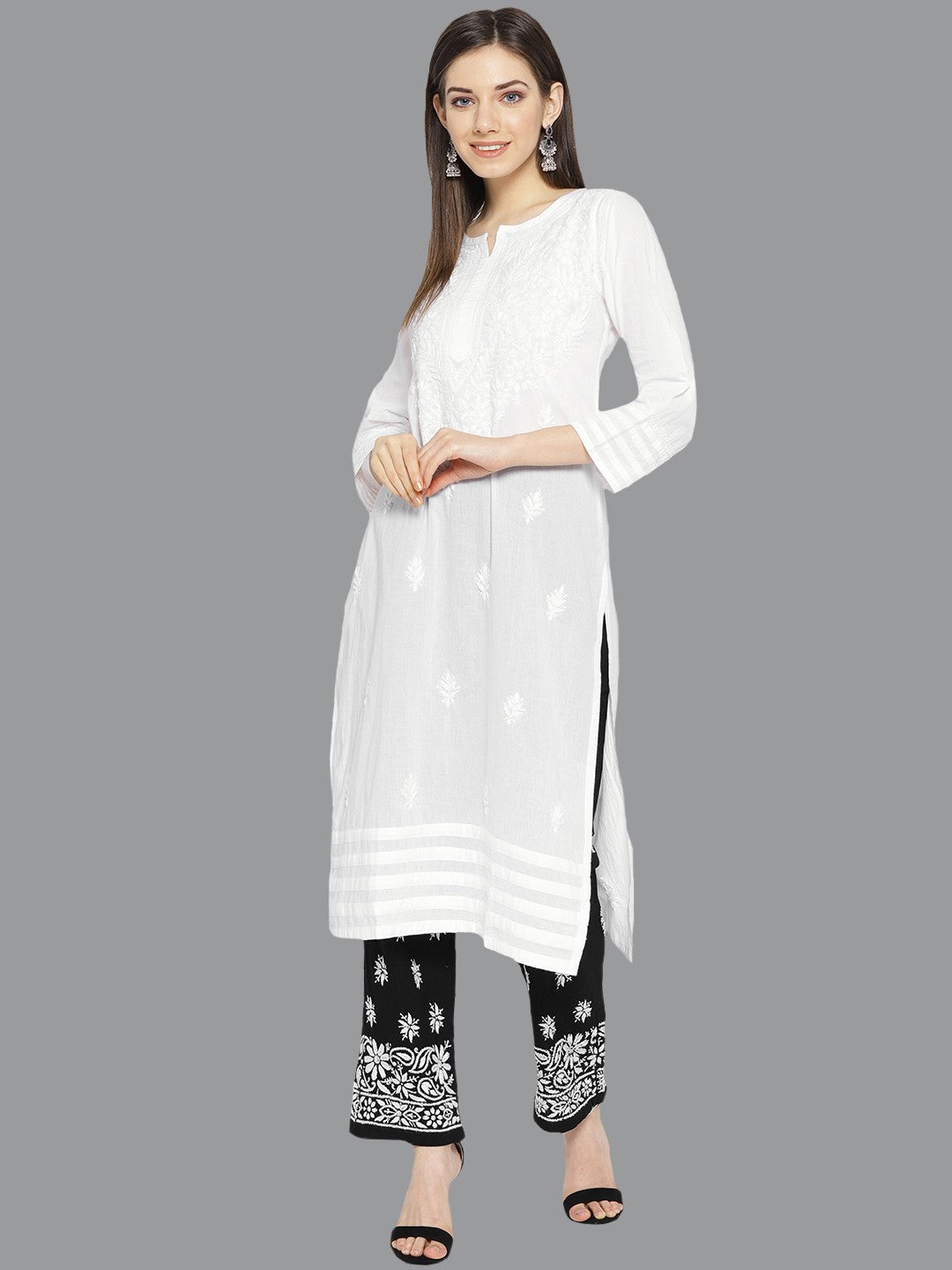 Ada Hand Embroidered White Cotton Lucknowi Chikankari Kurta with Palazzo Set A100021