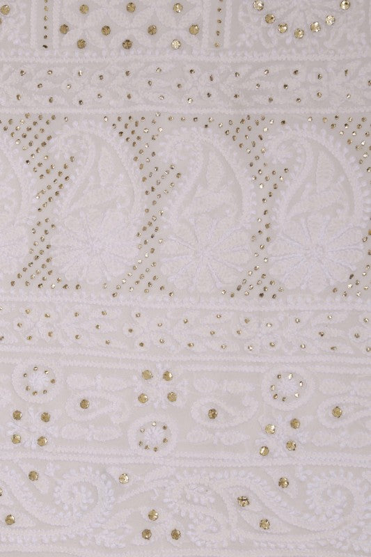 Ada Hand Embroidered White Pure Georgette Lucknowi Chikan Unstitched Kurta Piece With Muqaish Work-A576711