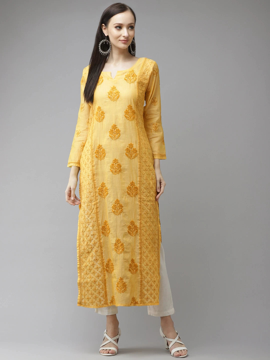 Ada Hand Embroidered Yellow Chanderi Lucknow Chikankari Kurta-A411313