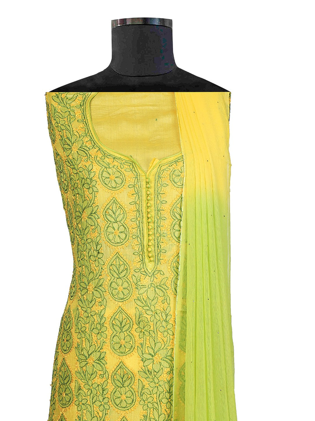 Ada Hand Embroidered Lemon Silk Lucknowi Chikan Unstitched Suit Piece–A608350
