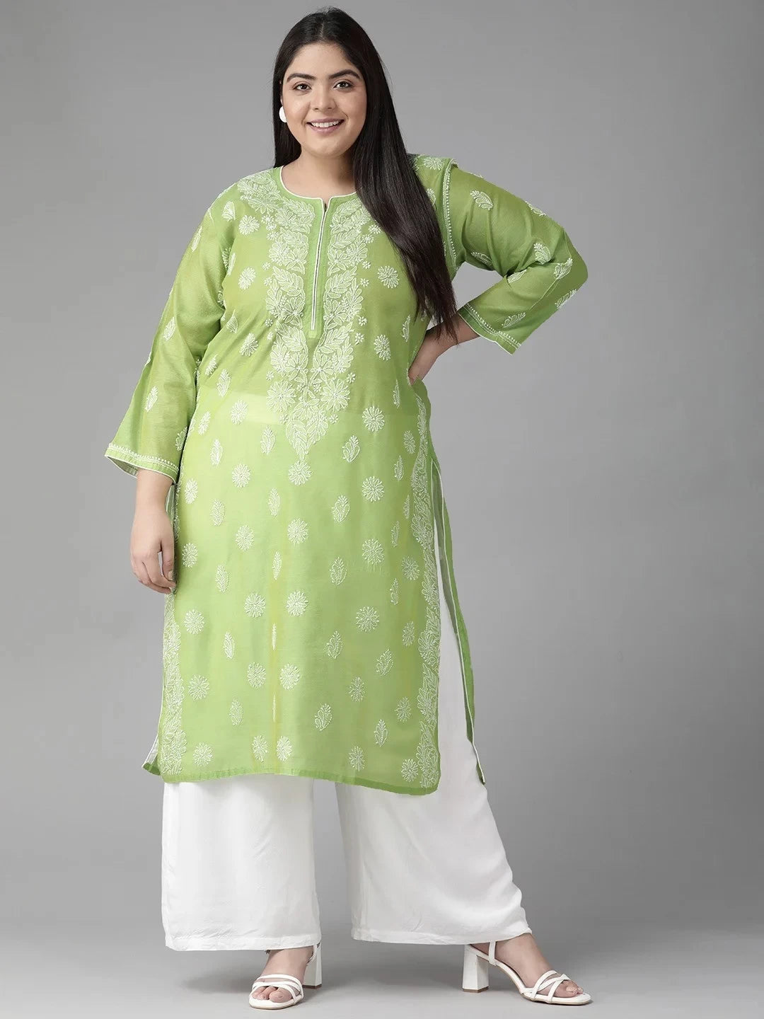 Ada Hand Embroidered Green Chanderi Lucknowi Chikankari Straight Kurta  A411174