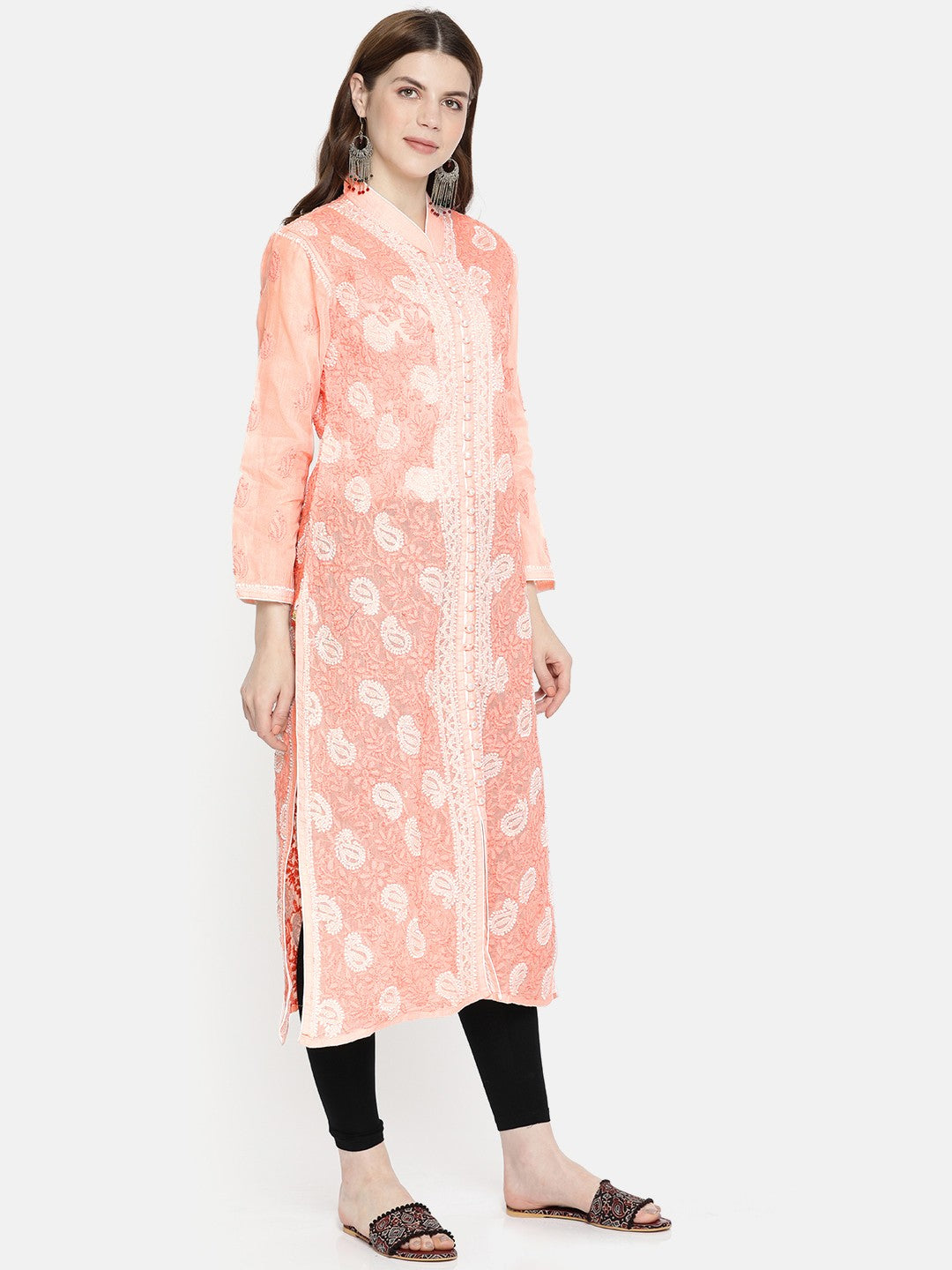 Ada Hand Embroidered Peach Cotton Lucknowi Chikankari Straight Kurta A239017