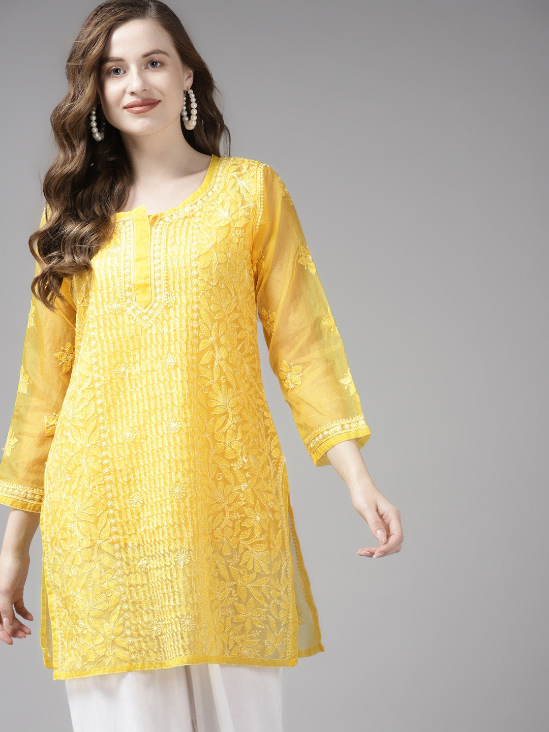 Ada Hand Embroidered Yellow Organza Lucknow Chikan Kurti With Slip-A911162