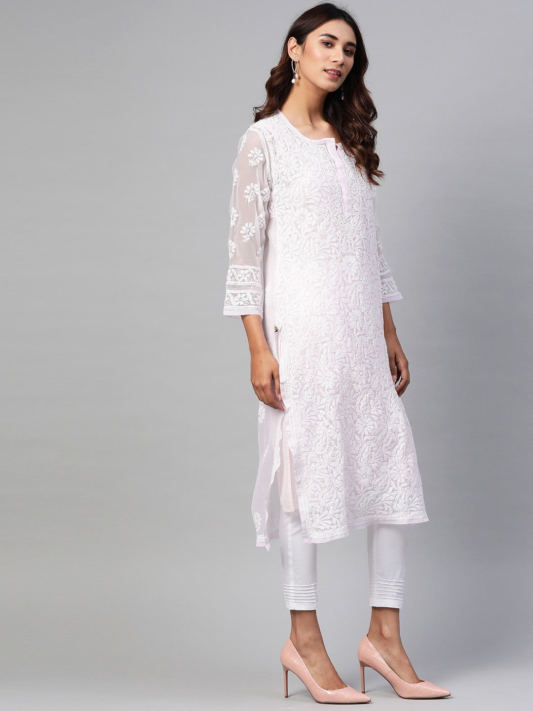 Ada Hand Embroidered Baby Pink Georgette Lucknowi Chikankari Kurta Set with Slip A811158