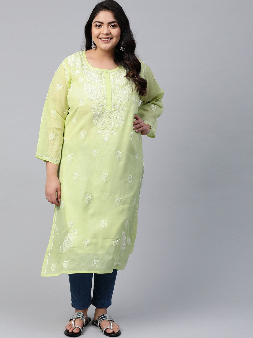 Ada Hand Embroidered Green Cotton Lucknow Chikankari Straight Kurta A133643