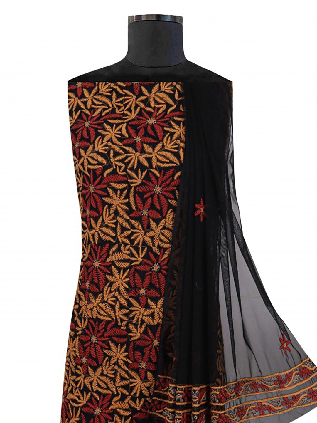 Ada Hand Embroidered Black Net Lucknowi Chikankari Unstitched Kurta Dupatta Set A103739