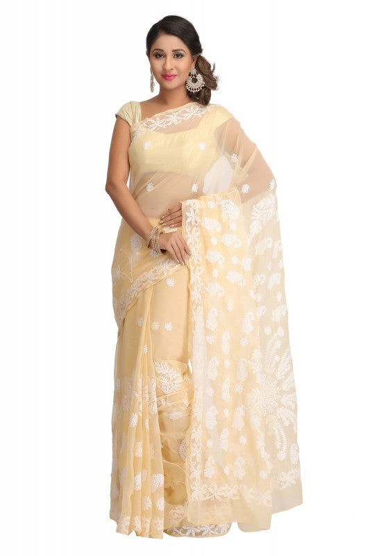 Ada Hand Embroidered Fawn Faux Georgette Lucknow Chikan Saree with Blouse A129593