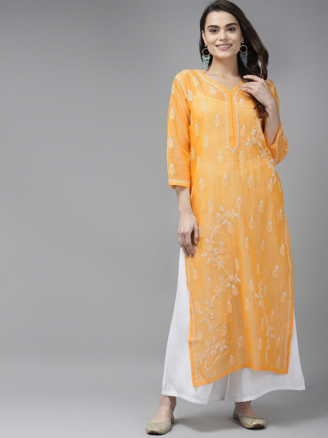 Ada Hand Embroidered Yellow Chanderi Lucknow Chikankari Straight  Kurta A411375