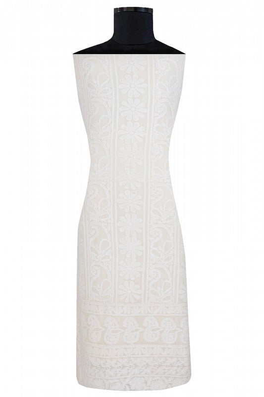 Ada Hand Embroidered White Pure Georgette Lucknowi Chikan Unstitched Kurta Piece- A505478