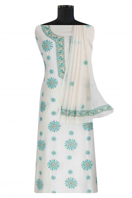 Ada Hand Embroidered White Chanderi Lucknowi Chikan Unstitched Kurta Dupatta– A617059