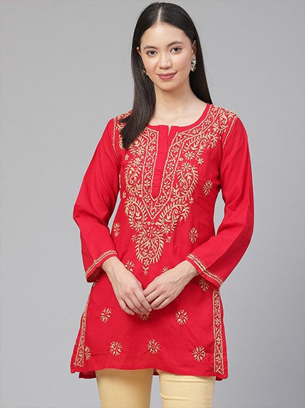 Ada Hand Embroidered Red Cotton Lucknowi Chikankari Straight Kurti A250381