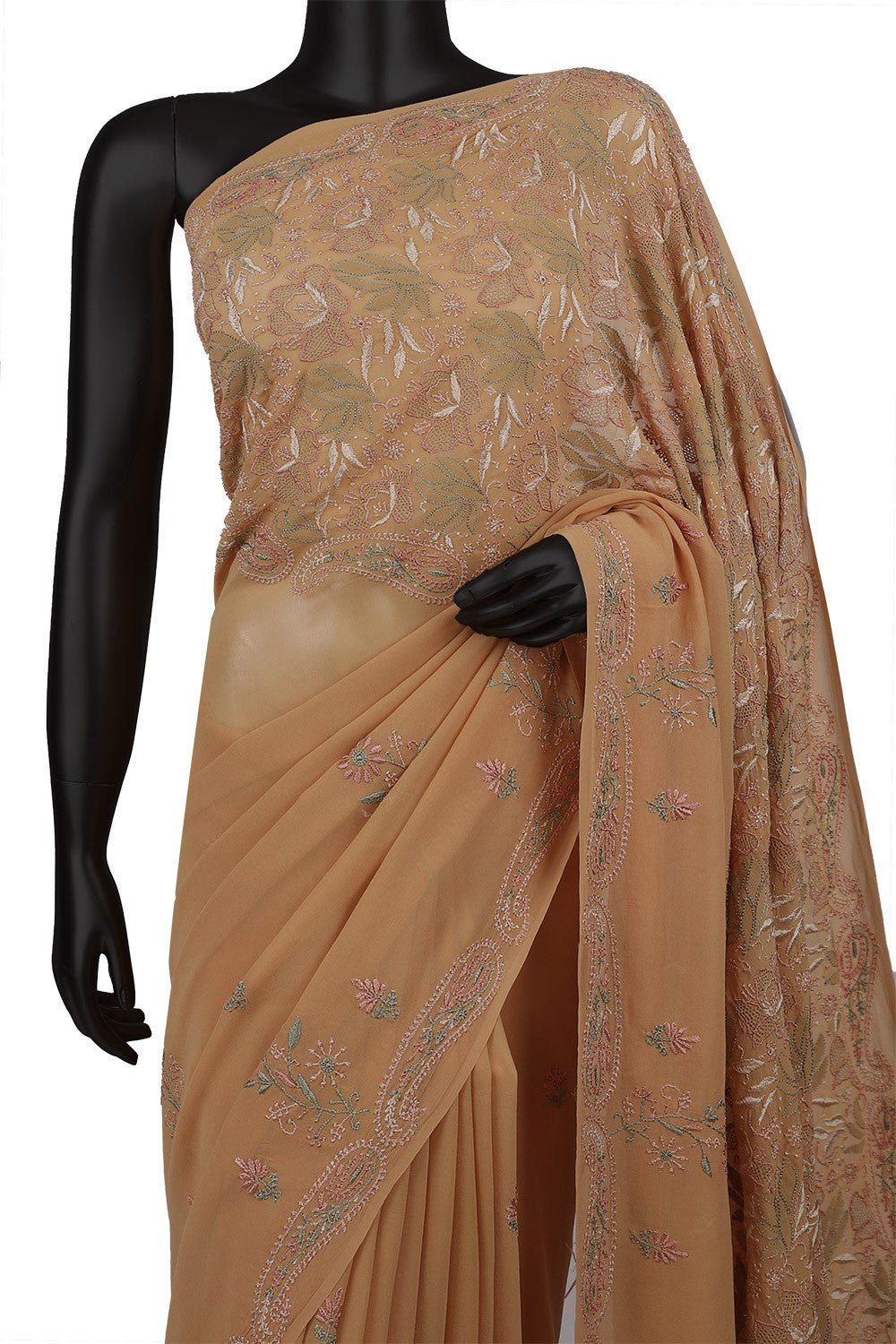 Ada Hand Embroidered Carmel Brown Pure Georgette Lucknowi Chikankari Saree With Blouse- A600528