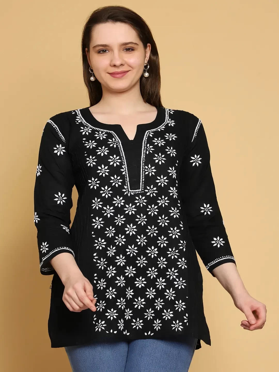 Ada Hand Embroidered Black Cotton Lucknowi Chikankari Straight Kurti A911286