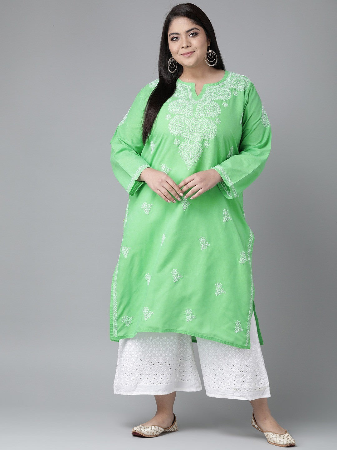 Ada Hand Embroidered Green Pure Cambric Cotton Lucknowi Chikankari Straight Kurta A100350