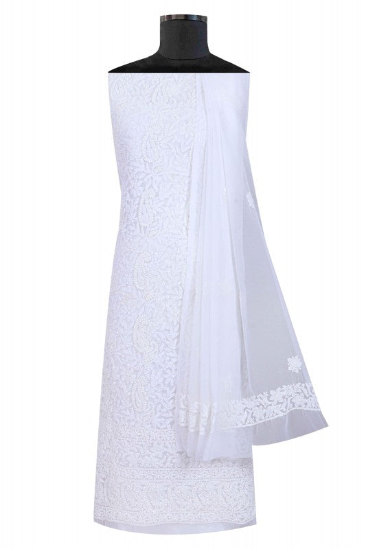 Ada Hand Embroidered White Georgette Lucknowi Chikan Unstitched Suit Piece A613267