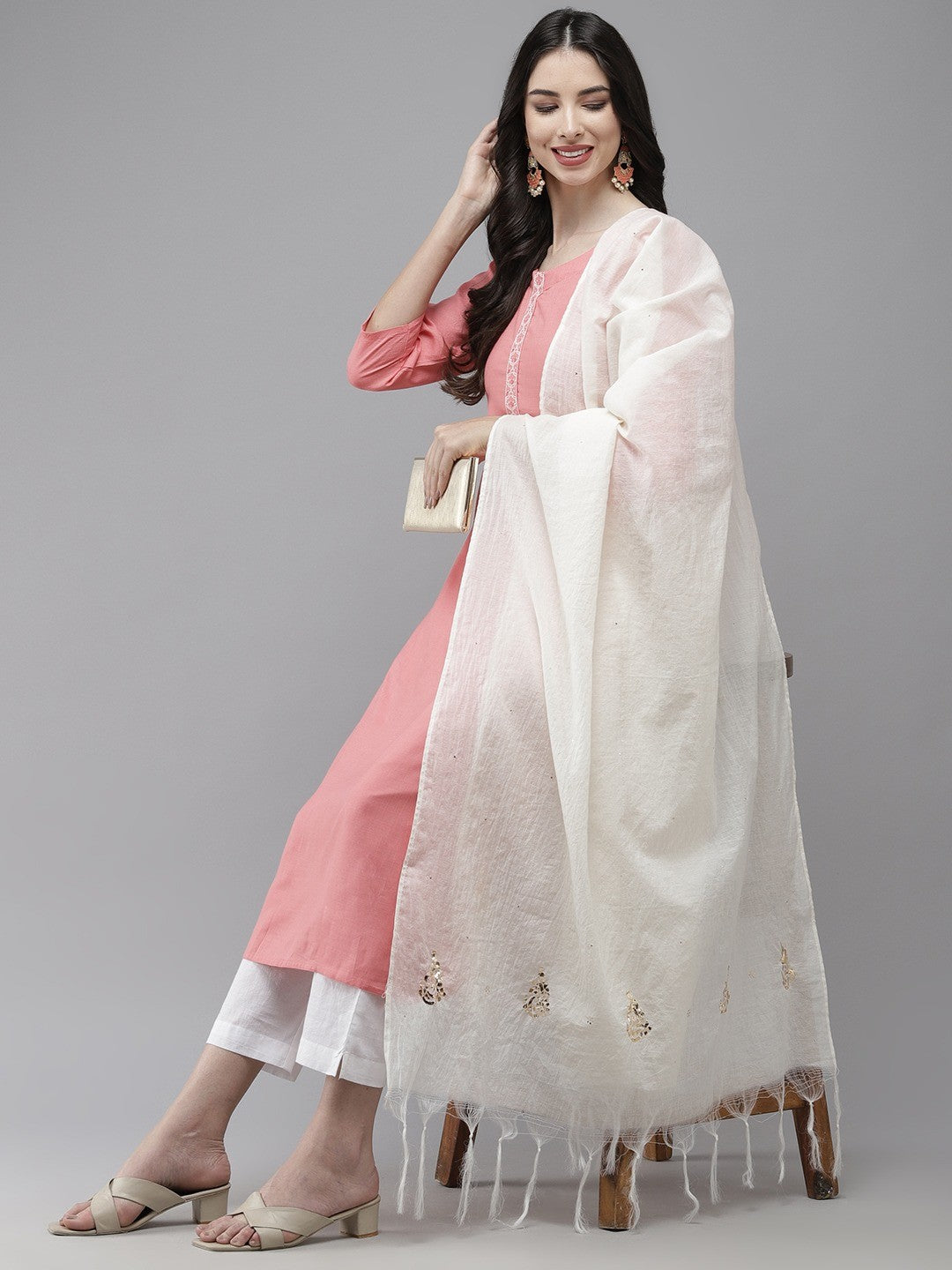 Ada Hand Embroidered White Chanderi Lucknowi Chikankari Dupatta With Muqaish Work-A511200