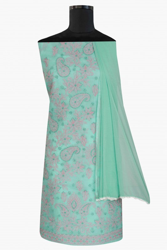 Ada Hand Embroidered Sea Green Cotton Lucknowi Chikan Unstitched Suit Piece-A211123