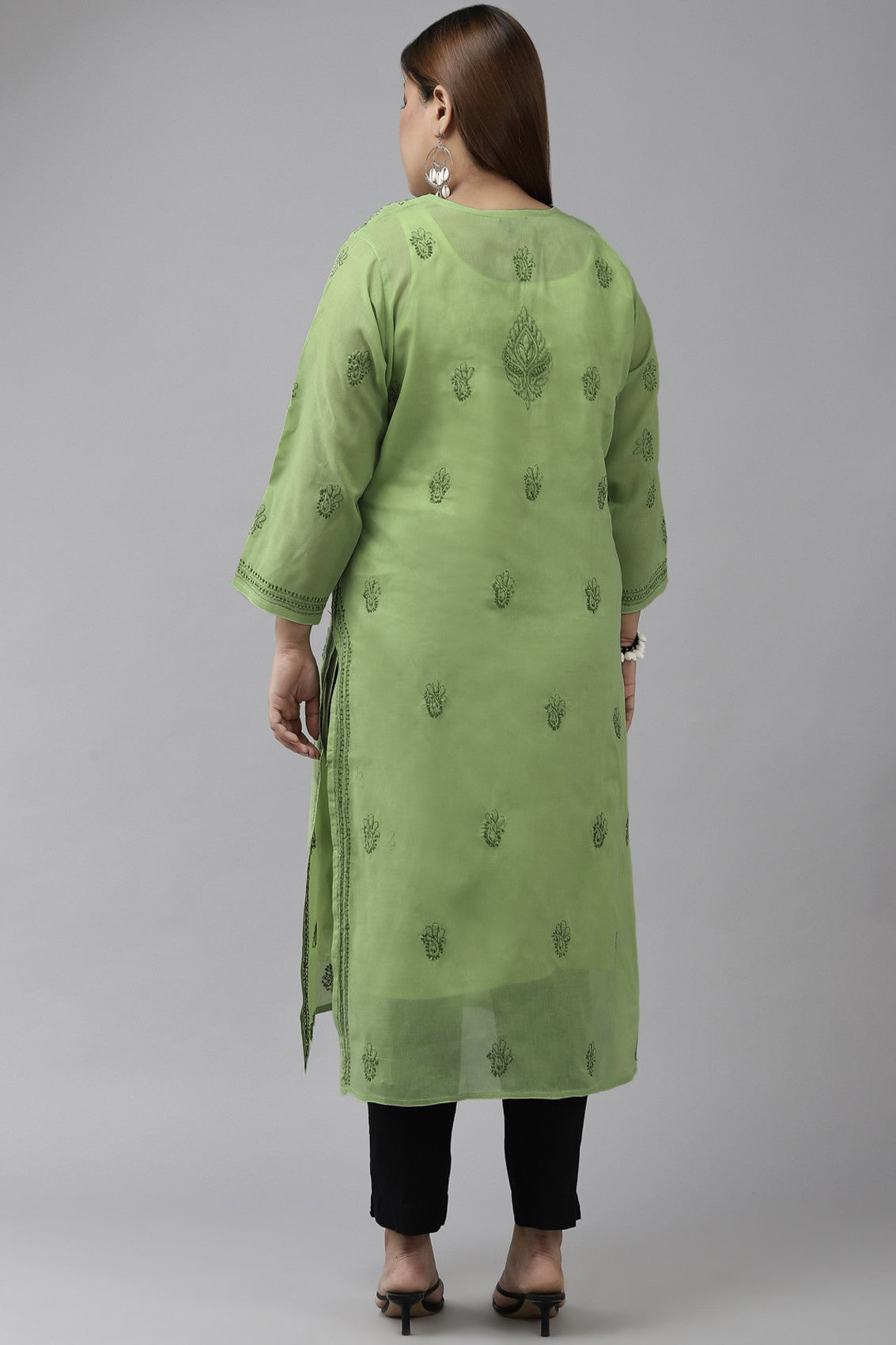 Ada Hand Embroidered Green Cotton Lucknowi Chikankari Straight Kurta A231409
