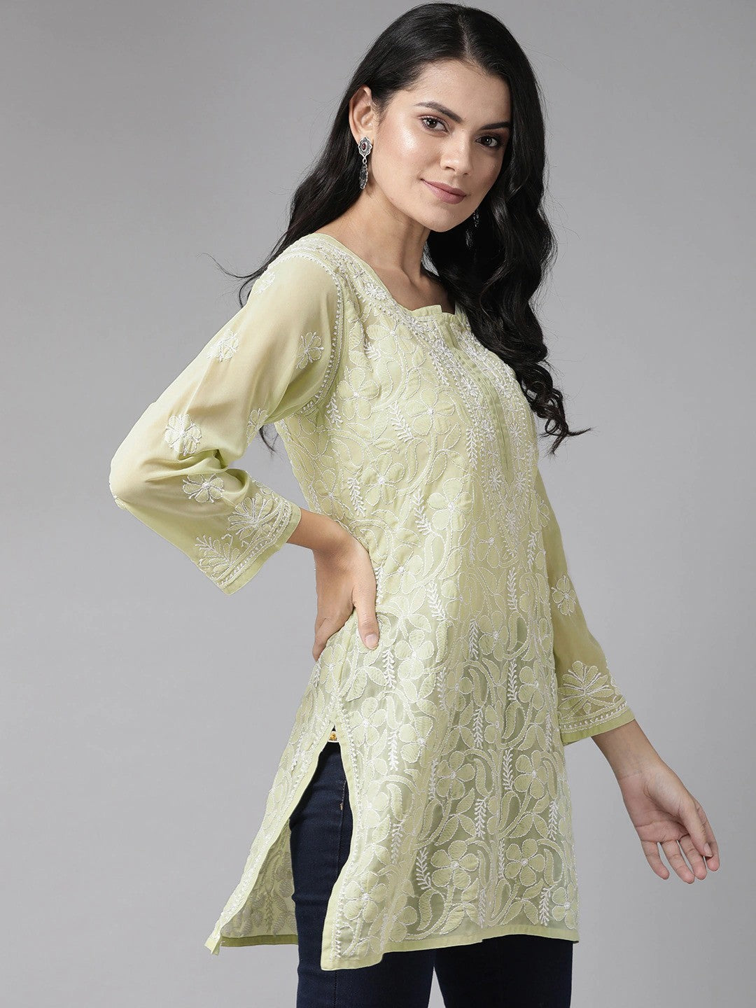 Ada Hand Embroidered Sage Green Georgette Lucknow Chikan Kurti A911121