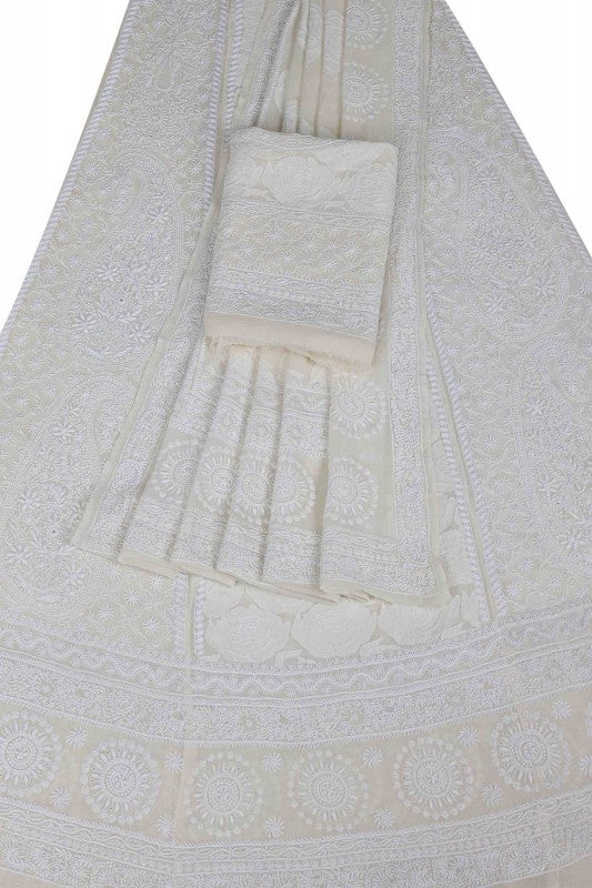 Ada Hand Embroidered Off White Pure Georgette Lucknowi Chikankari Lehenga Set A391405