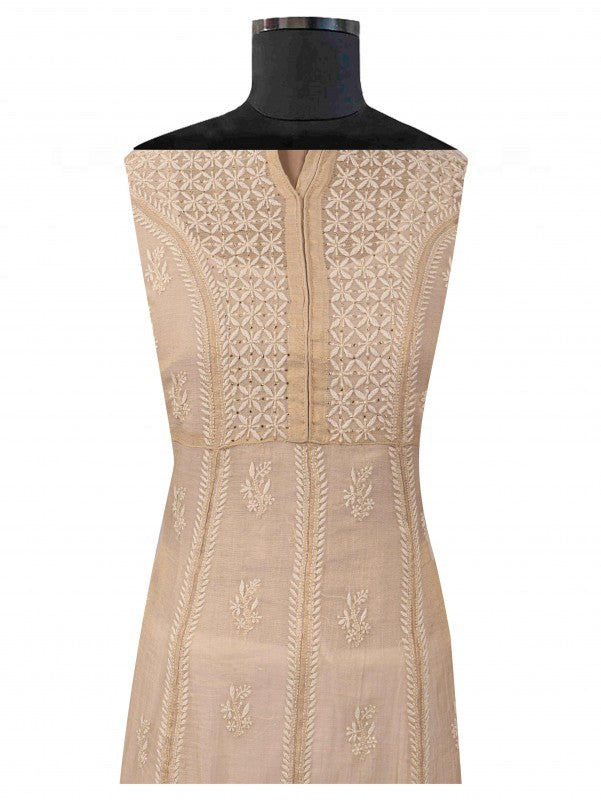 Ada Hand Embroidered Natural Fawn Tissue Lucknowi Chikan Unstitched Kurta Piece With Muqaish Work A597258