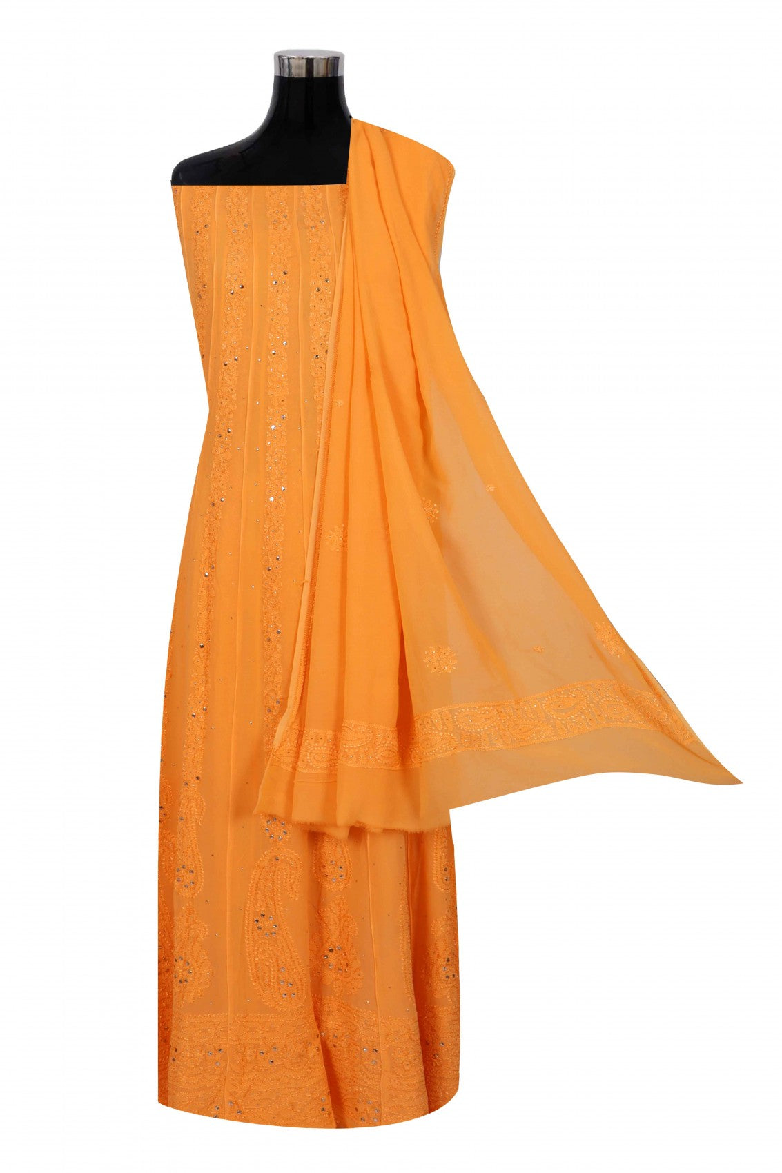 Ada Hand Embroidered Orange Georgette Lucknowi Chikankari Semi-Stitched Anarkali Kurta Dupatta Set With Muqaish Work 01A248219