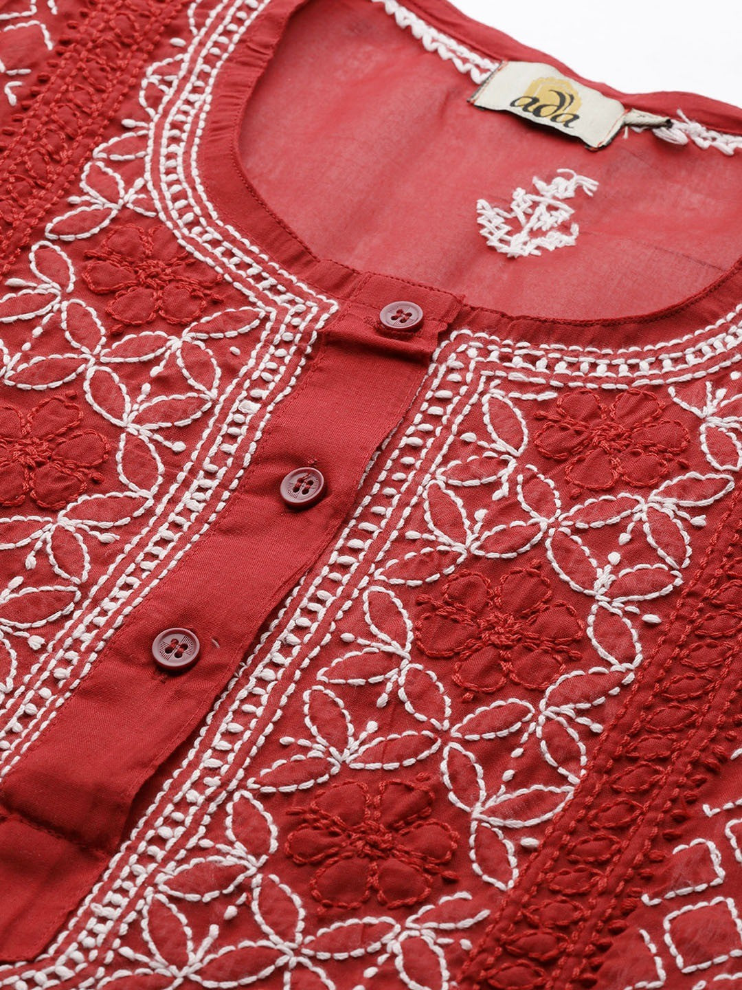 Ada Hand Embroidered Red Cotton Lucknowi Chikankari Straight Kurti A911248