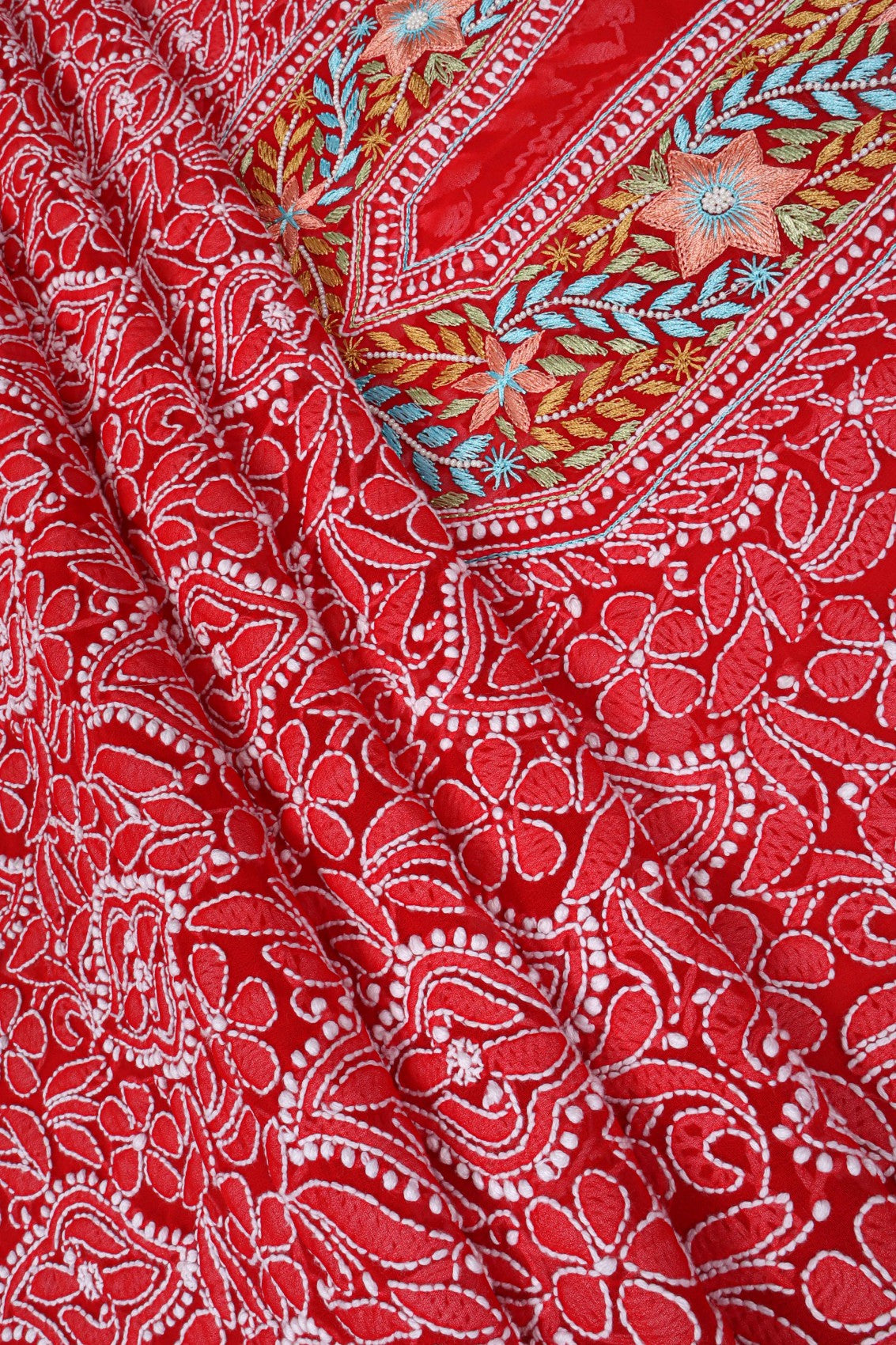 Ada Hand Embroidered Red Georgette Lucknowi Chikankari Unstitched Suit Piece With Pearl Work 01A146081