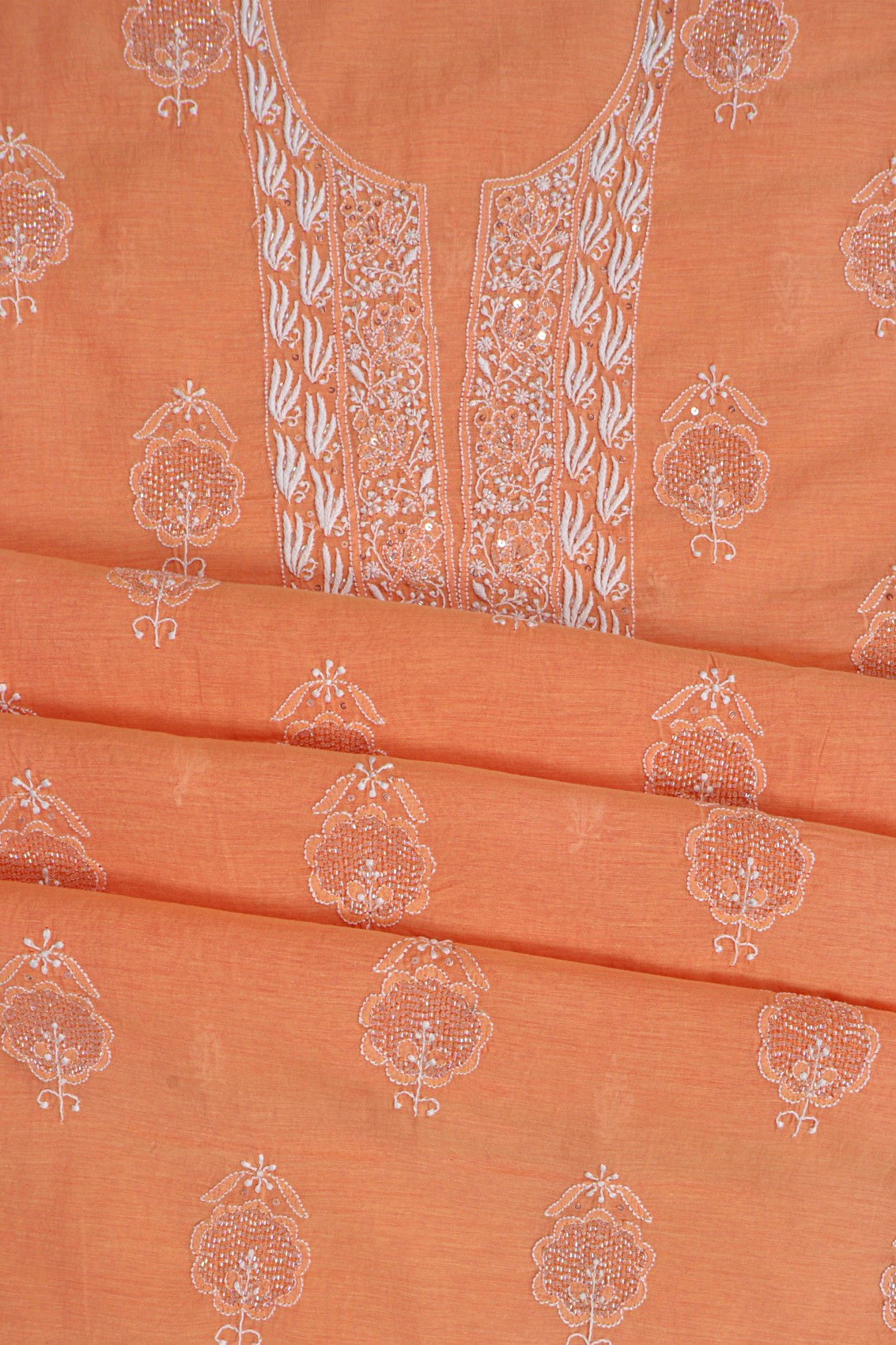 Ada Hand Embroidered Peach Chanderi Lucknowi Chikankari Unstitched Kurta Dupatta Set With Cutdana Work 01A196838