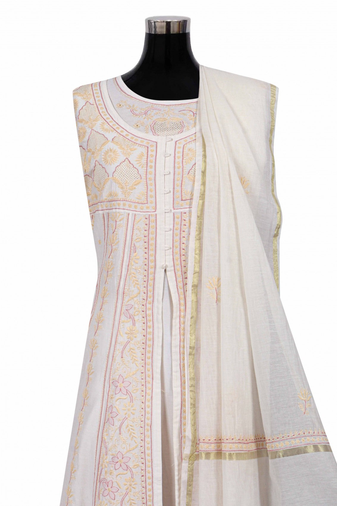 Ada Hand Embroidered Cream Chanderi Lucknowi Chikankari Semi-Stitched Anarkali Kurta Dupatta Set 01A223202