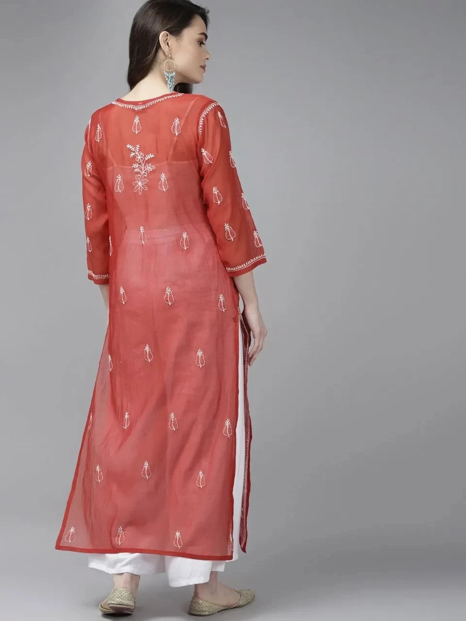 Ada Hand Embroidered Maroon Chanderi Lucknow ChikanKari Straight Kurta A411374