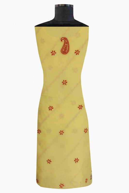 Ada Hand Embroidered Corn Yellow Kota Lucknowi Chikan Unstitched Kurta Piece - A460794