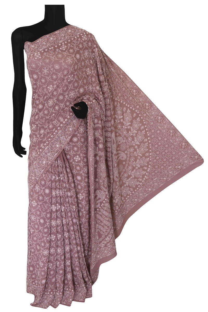 Ada Hand Embroidered Mauve Pure Georgette Lucknowi Chikankari Saree With Blouse -A601976