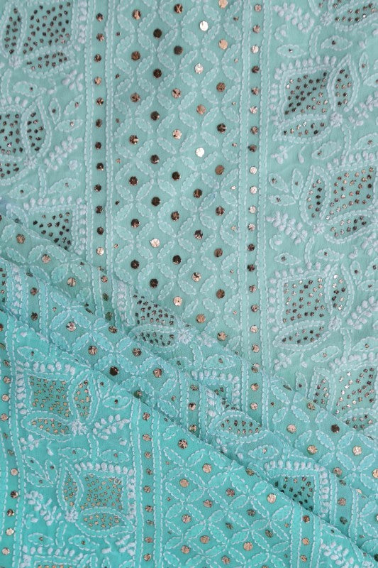 Ada Hand Embroidered Mint Green Georgette Lucknowi Chikankari Unstitched Suit Piece With Muqaish Work – A532943